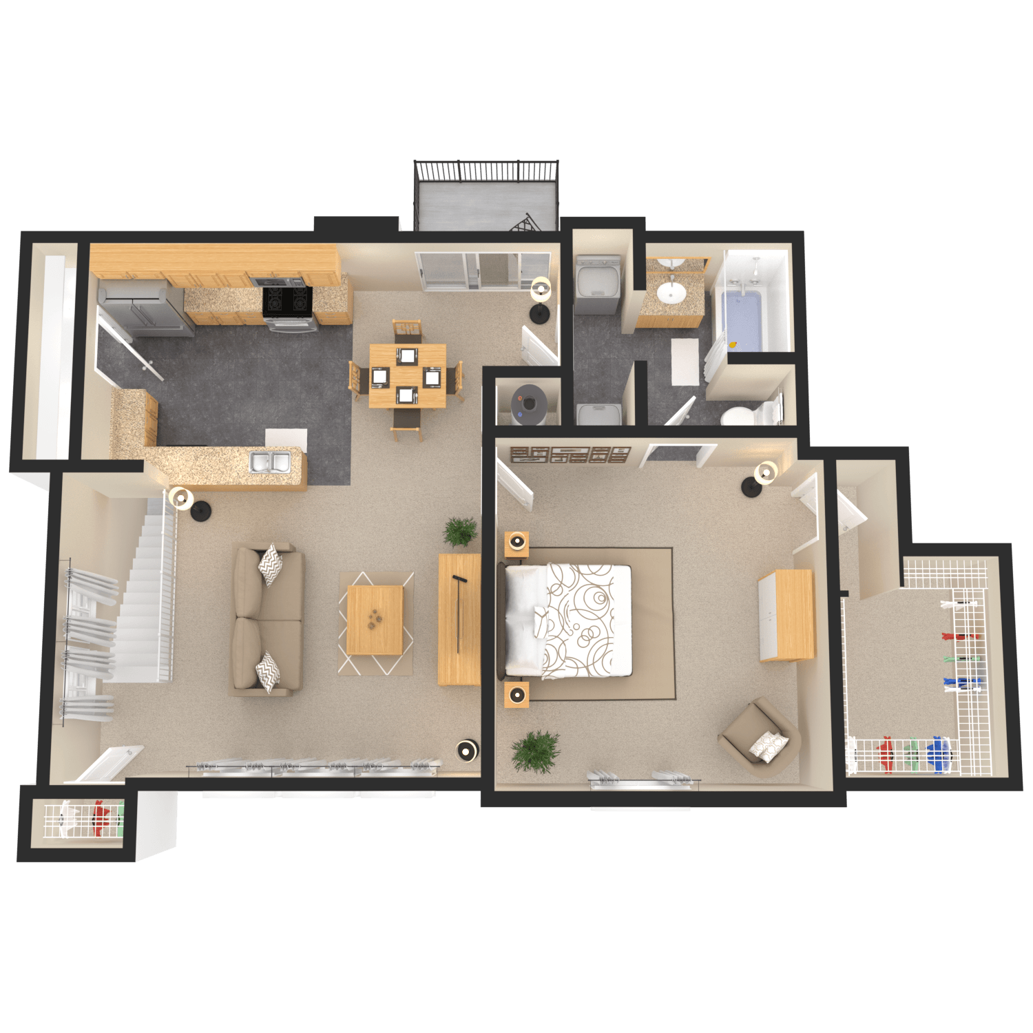 A top-down view of a house layout with a living room